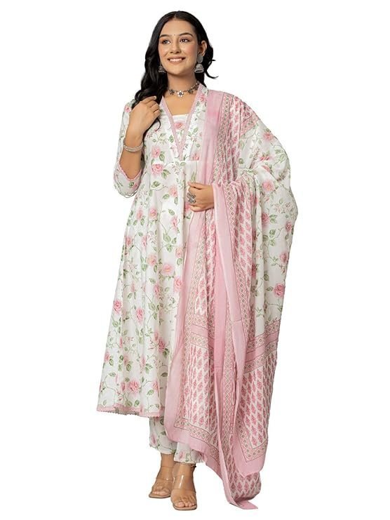 61pPtrqOpL._SY741_.jpg Women's Cotton Printed Anarkali Kurta with Palazzo Pants and Dupatta - Image 1